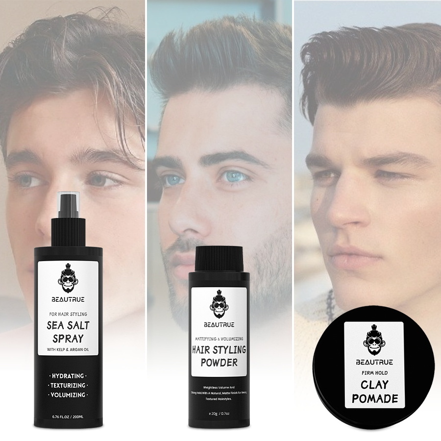 Private Label High Hold With Low Shine Men's Hair Styling Set For Thickening Hair Pomade Spray Powder