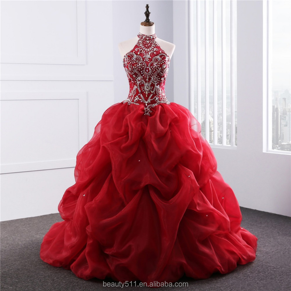 2023 Dramatic Quinceanera gowns Neck line Beaded Appliques Red Organza quinceanera dress vestidos de quinceanera 15