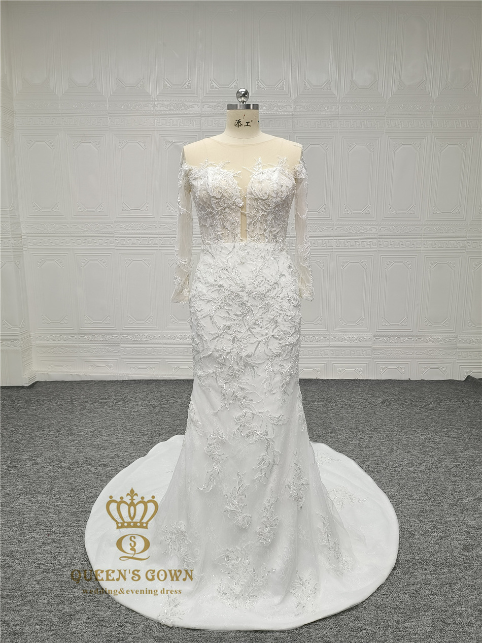 QUEENS GOWN Custom Exquisite Applique mermaid long sleeve Lace Wedding Dress V Neck Sheer Mesh Bridal Gown with detachable train