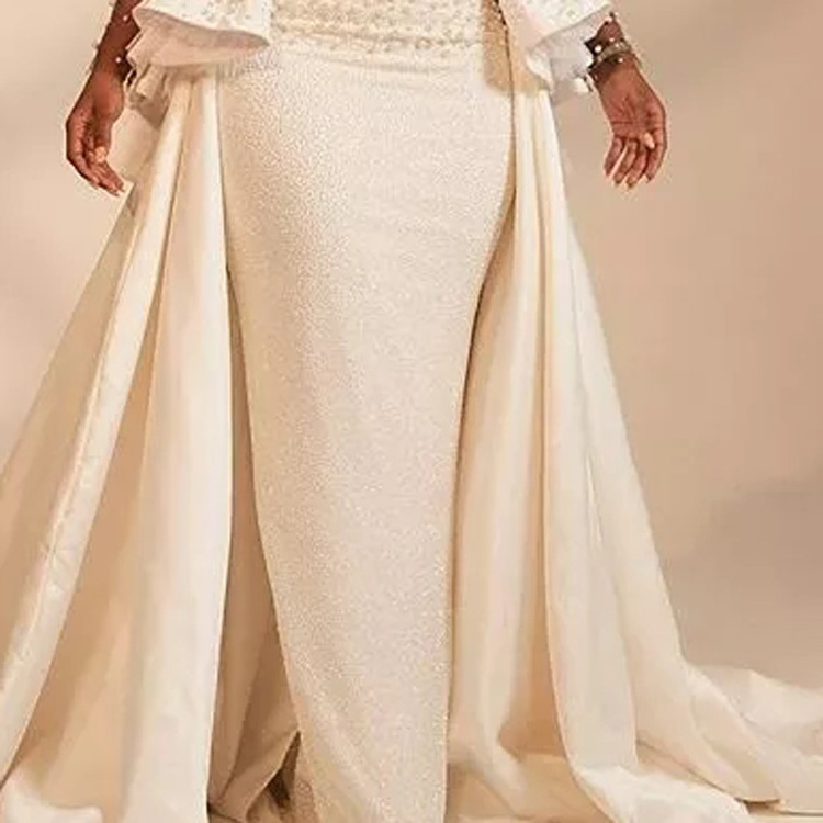 African Nigeria Plus Size Wedding Dress With Overskirt Pearls Peplum Illusion  Wedding Bridal Gowns vestido de novio