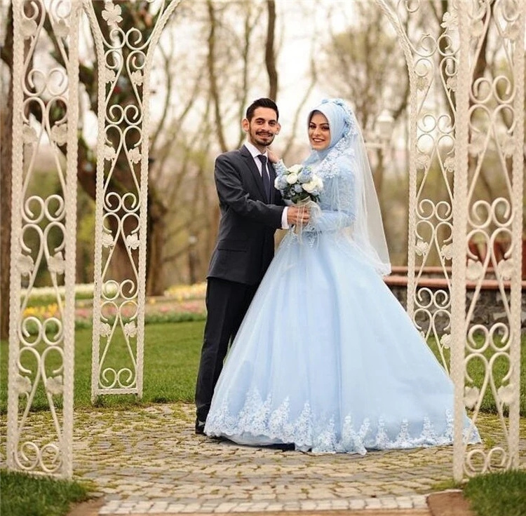 Brand  Bule Muslim Bridal Wedding Dress Lace Long Sleeve Ball Gown Dresses In Turkey Istanbul For Wedding vestido de novio