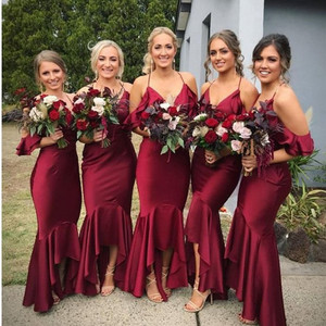 2021 Front Short And Long Back Mermaid Bridesmaid Dress V Neck Summer Burgundy Bridesmaid Dresses For Wedding Party