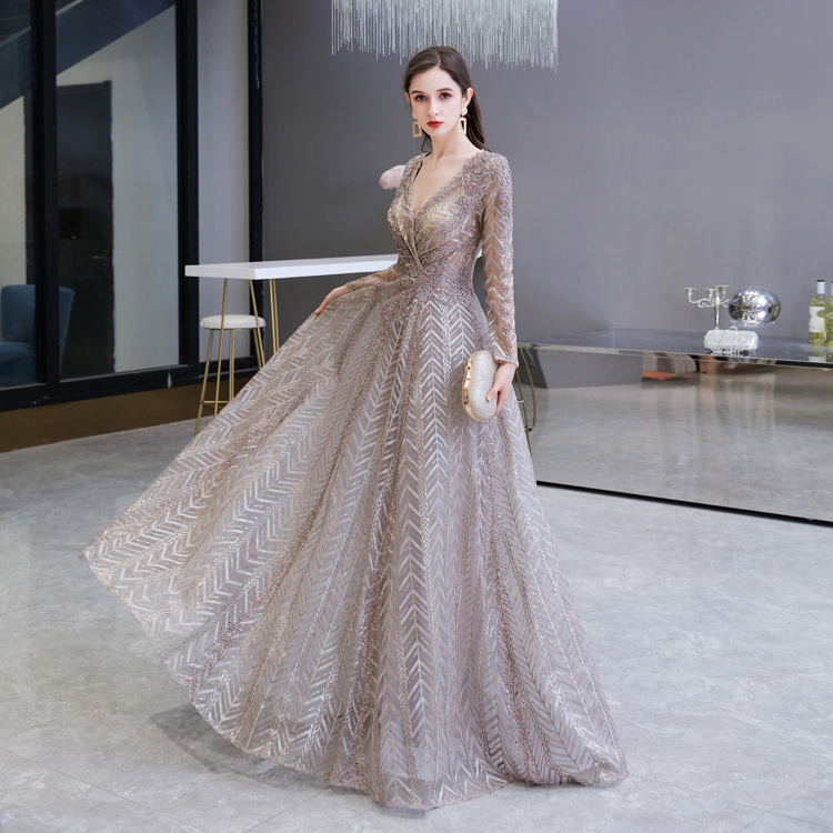 quinceanera dresses Women Evening Dresses Sexy V Neck Long Sleeves Lace Floor Length Formal Arabic Style Evening Party Gowns