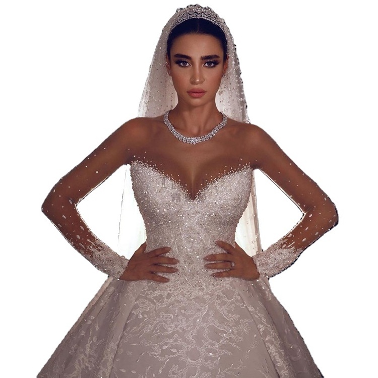 Luxury Crystal Wedding Dresses Turkey Istanbul China Manufacturer Long Tail Ball Gown Wedding Dress long sleeves  Women dresses