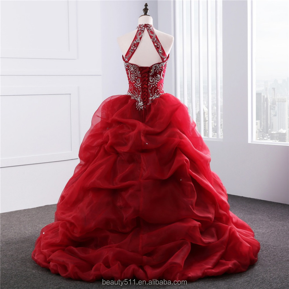 2023 Dramatic Quinceanera gowns Neck line Beaded Appliques Red Organza quinceanera dress vestidos de quinceanera 15