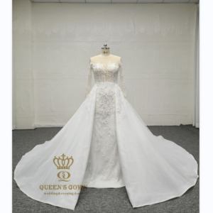 QUEENS GOWN Custom Exquisite Applique mermaid long sleeve Lace Wedding Dress V Neck Sheer Mesh Bridal Gown with detachable train