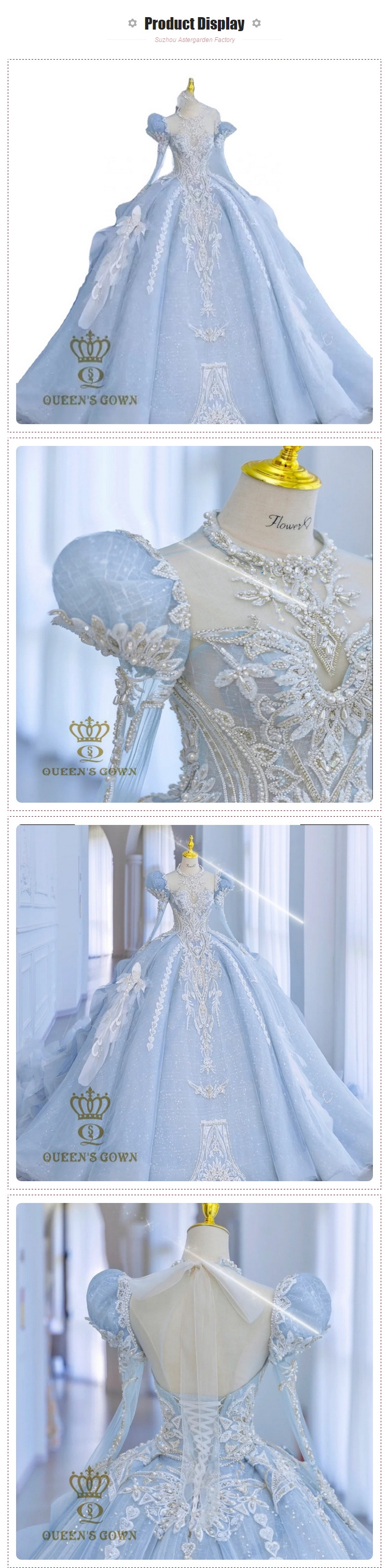 QUEENS GOWN A-line wedding dress lace embroidery beaded V neck bubble sleeve backless mesh tulle light blue bridal gown