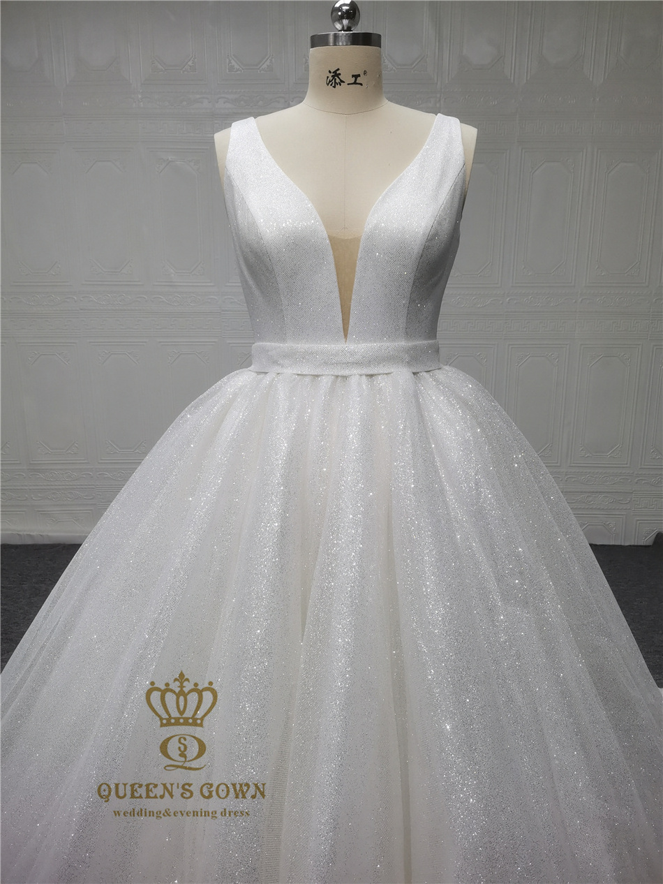 QUEENS GOWN Custom deep v neck glitter lace sparkle sleeveless Bridal Gown wedding bridal dress ball gown