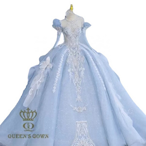 QUEENS GOWN A-line wedding dress lace embroidery beaded V neck bubble sleeve backless mesh tulle light blue bridal gown