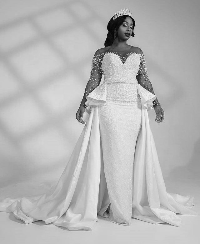 African Nigeria Plus Size Wedding Dress With Overskirt Pearls Peplum Illusion  Wedding Bridal Gowns vestido de novio