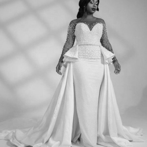 African Nigeria Plus Size Wedding Dress With Overskirt Pearls Peplum Illusion  Wedding Bridal Gowns vestido de novio