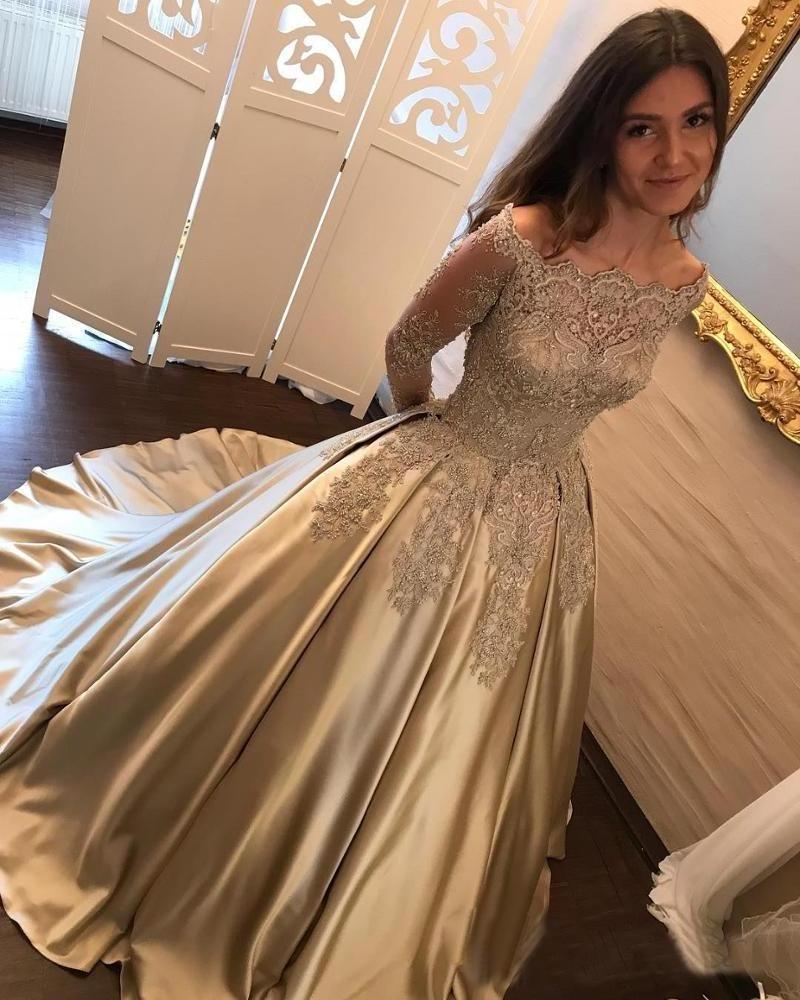 2023 quinceanera dresses Satin vestidos de quinceane Bridal Gown Cheap Long Sleeve Muslim Gold Wedding Dress Turkey Istanbul