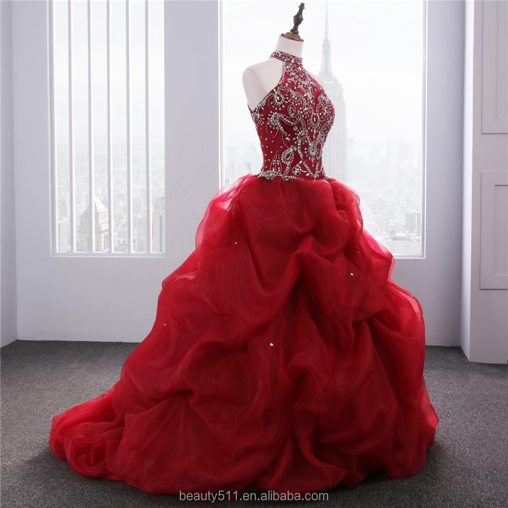 2023 Dramatic Quinceanera gowns Neck line Beaded Appliques Red Organza quinceanera dress vestidos de quinceanera 15