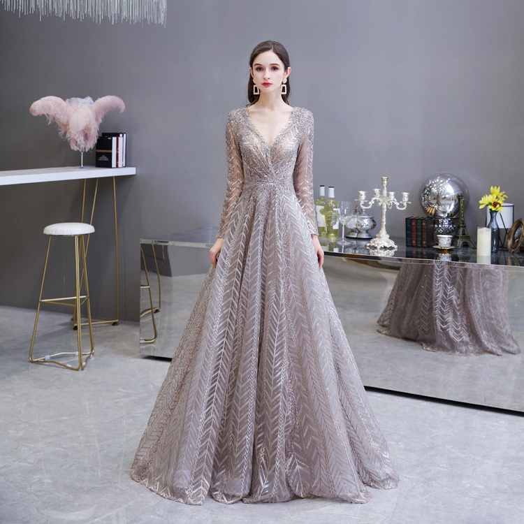 quinceanera dresses Women Evening Dresses Sexy V Neck Long Sleeves Lace Floor Length Formal Arabic Style Evening Party Gowns