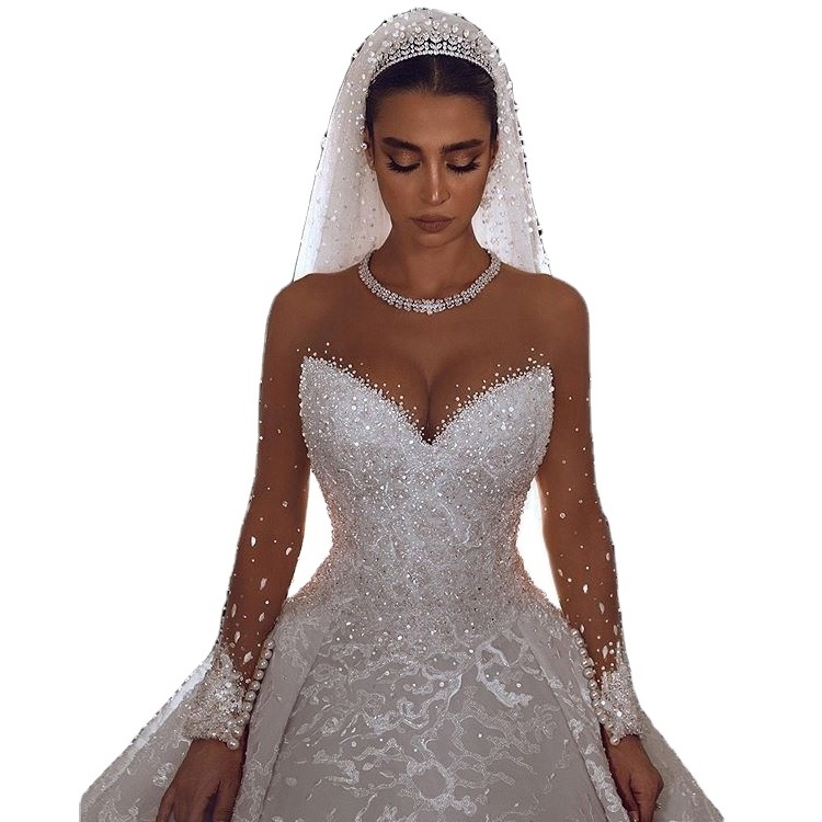 Luxury Crystal Wedding Dresses Turkey Istanbul China Manufacturer Long Tail Ball Gown Wedding Dress long sleeves  Women dresses