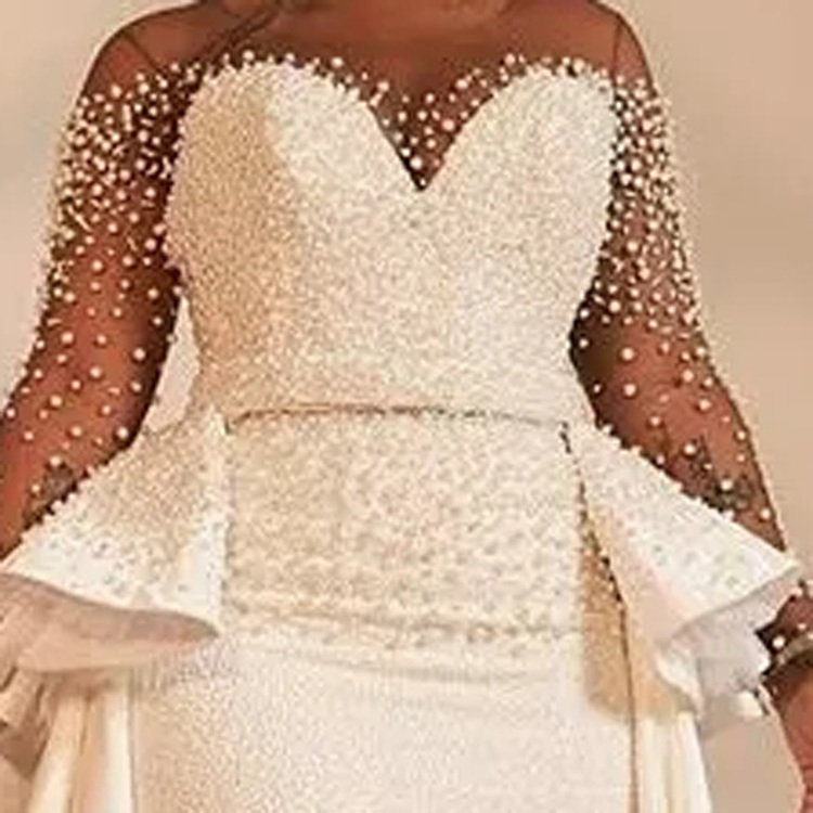 African Nigeria Plus Size Wedding Dress With Overskirt Pearls Peplum Illusion  Wedding Bridal Gowns vestido de novio