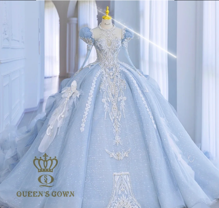 QUEENS GOWN A-line wedding dress lace embroidery beaded V neck bubble sleeve backless mesh tulle light blue bridal gown