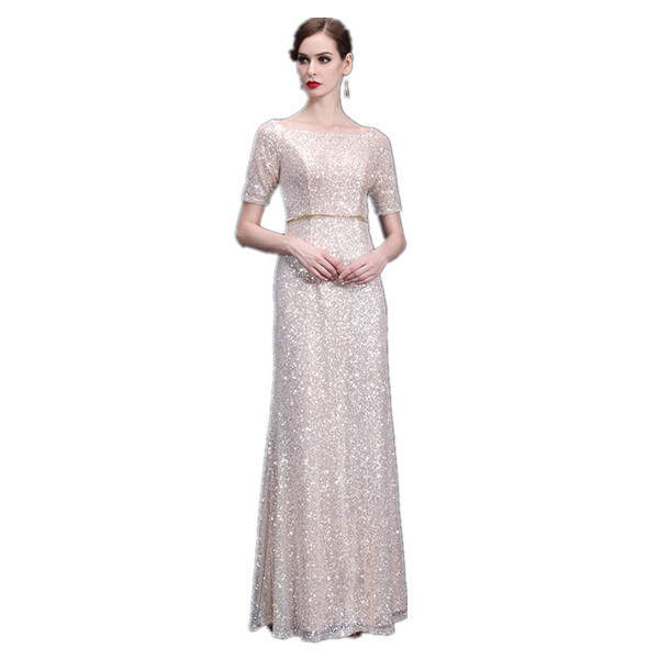 Women Party Gown Evening Gold  Sequin Evening Dress short Sleeves Lace sequined  Party Dresses