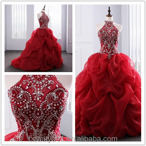 2023 Dramatic Quinceanera gowns Neck line Beaded Appliques Red Organza quinceanera dress vestidos de quinceanera 15