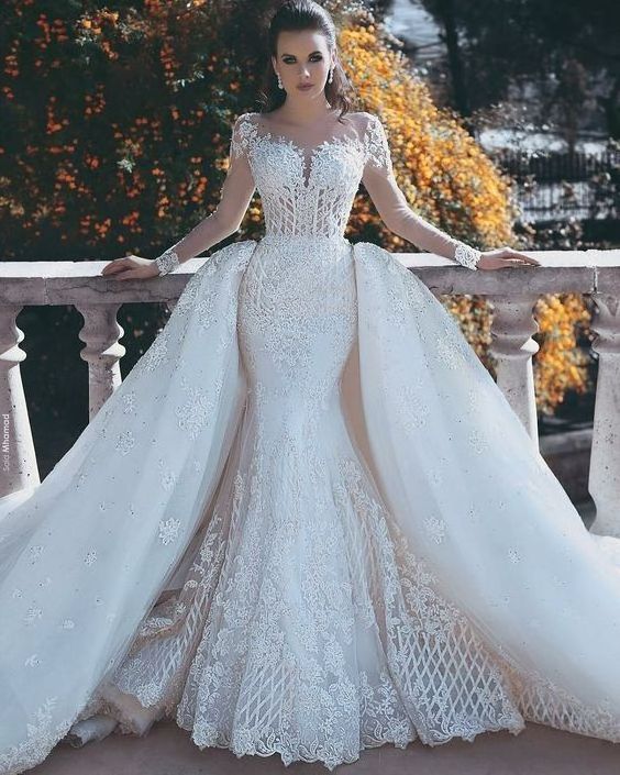 Abiti Da Sposa Luxury Mermaid Wedding dress Brand  With Detachable Train Long Sleeves Illusion Arabic Bridal Gowns Plus Size