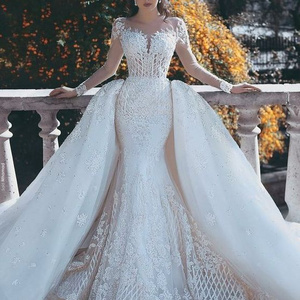 Abiti Da Sposa Luxury Mermaid Wedding dress Brand  With Detachable Train Long Sleeves Illusion Arabic Bridal Gowns Plus Size