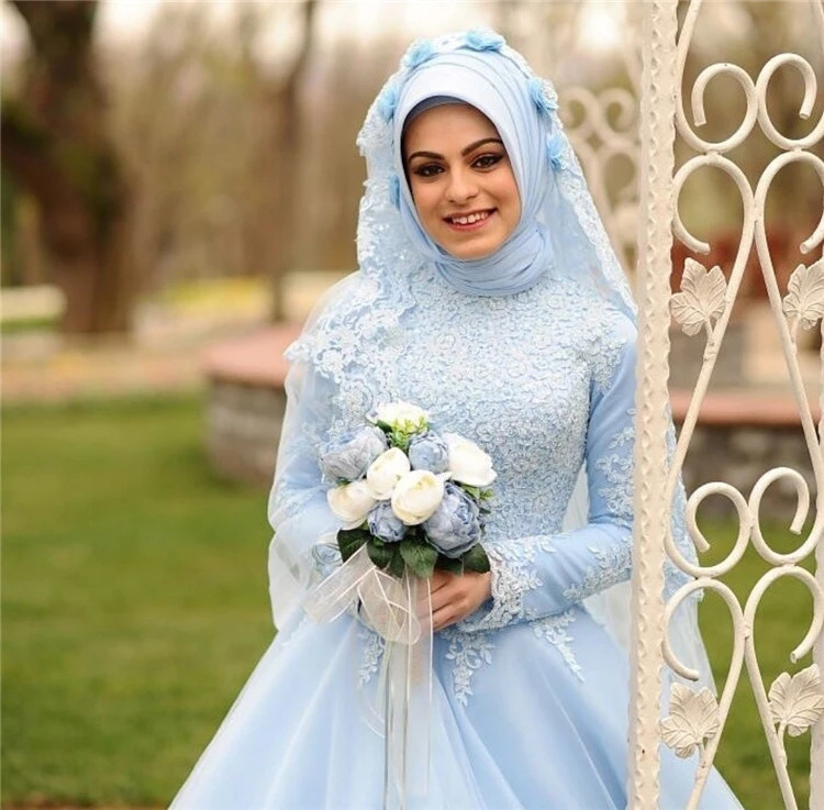 Brand  Bule Muslim Bridal Wedding Dress Lace Long Sleeve Ball Gown Dresses In Turkey Istanbul For Wedding vestido de novio