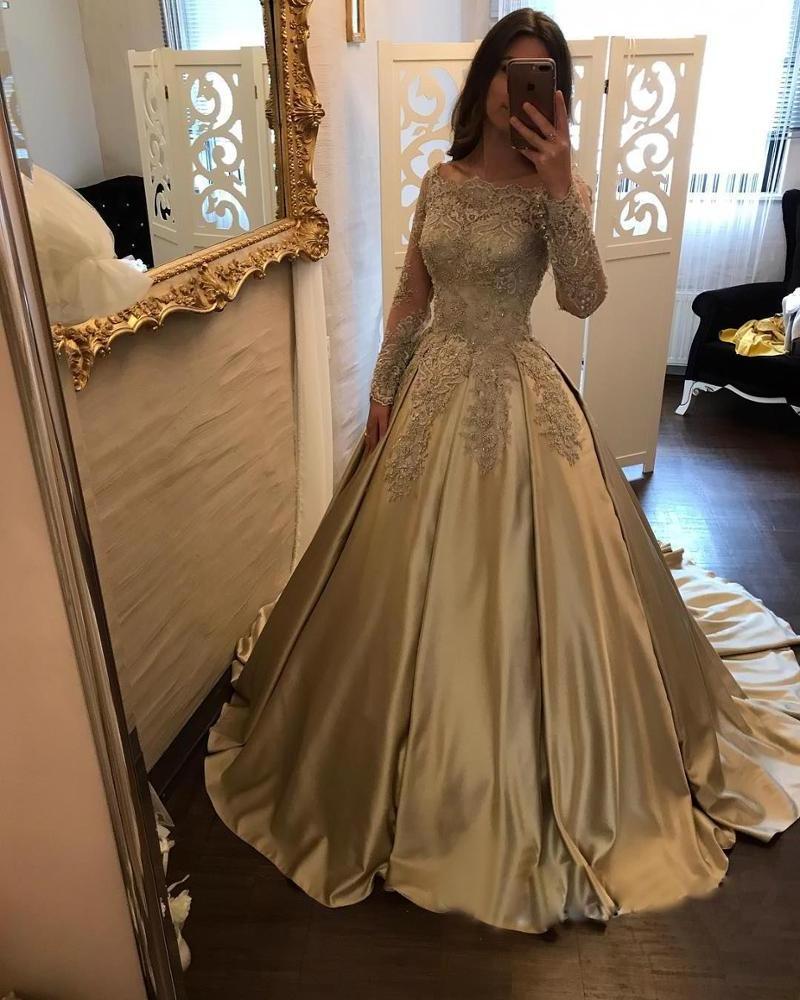 2023 quinceanera dresses Satin vestidos de quinceane Bridal Gown Cheap Long Sleeve Muslim Gold Wedding Dress Turkey Istanbul