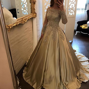 2023 quinceanera dresses Satin vestidos de quinceane Bridal Gown Cheap Long Sleeve Muslim Gold Wedding Dress Turkey Istanbul