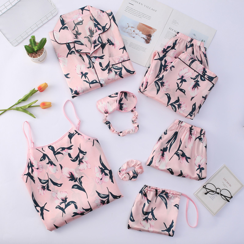 Custom 7 Pcs Sets Satin Silk Nighty Elegant Women Pajamas Print Shorts Long Sleeve Sleepwear Silk Suits Sexy Dresses Nighty