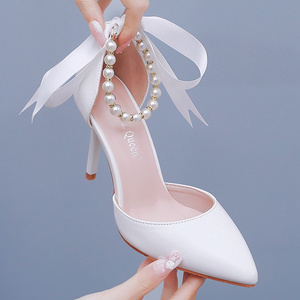 women 7.5cm high heel white pearl party wedding sandals   woman  9.5cm  high heel daily bridal  princess shoes