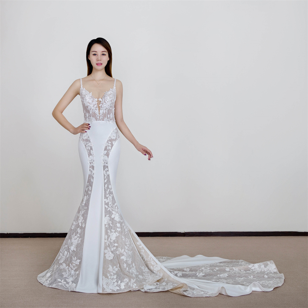 Vestido De Noiva Sereia Crepe Fabric Mermaid Wedding Gown White V Neck Bridal Gown