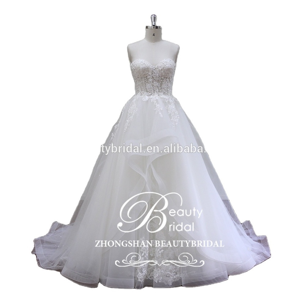 Beautiful Modern New Designs Strapless Lace Bridal Dress In Stock Sweetheart with Ruffle