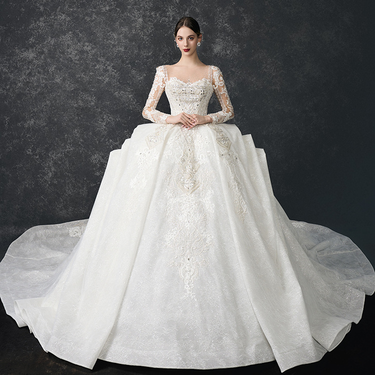 Crystal Pearls Wedding Dresses With Bridal Veil Luxury Beaded Princess Wedding Bridal Gown