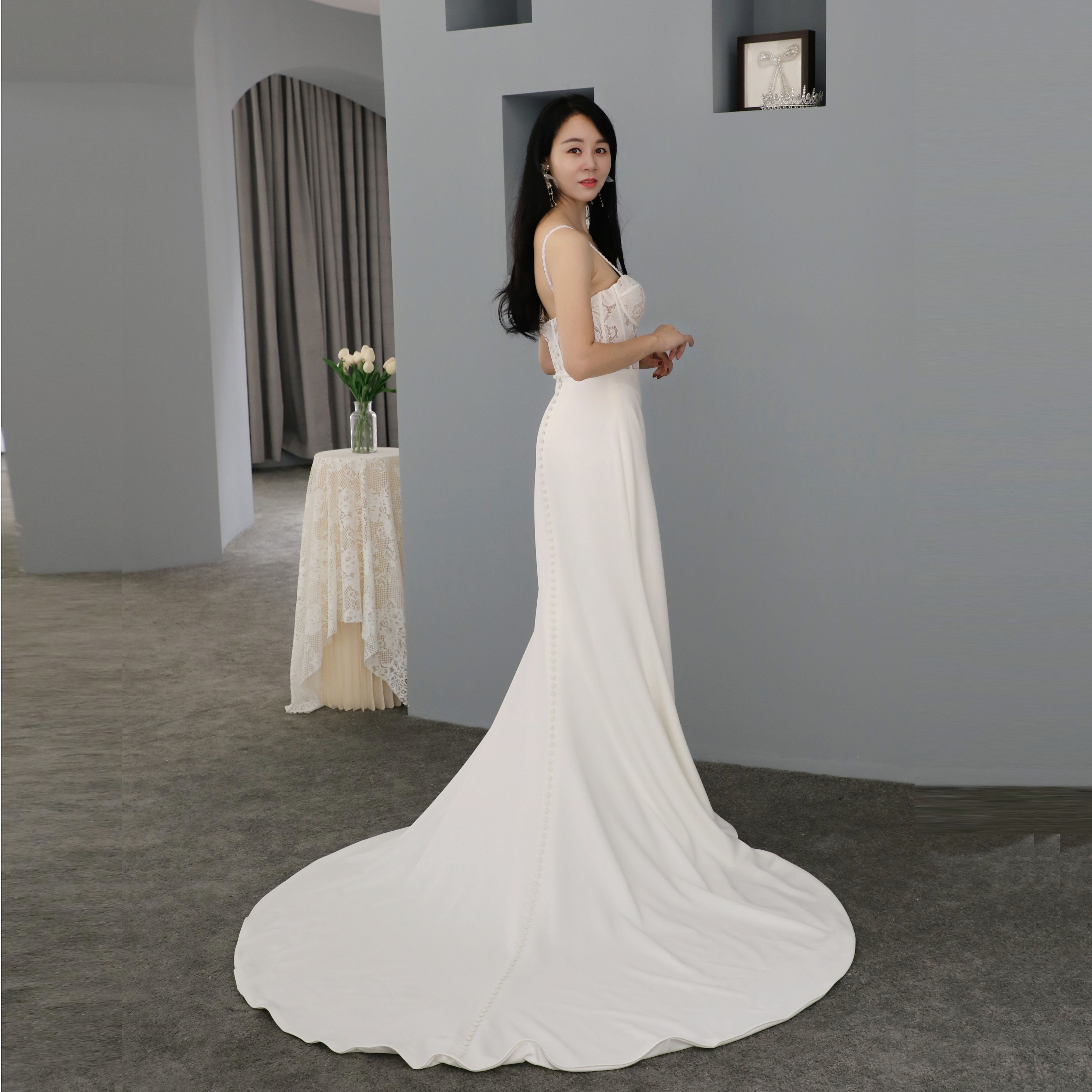 Modern High Quality Satin Lace Wedding Dress Simple Mermaid Slit Bridal Gown Plus Size Factory Direct Vestido de Noiva Ladies