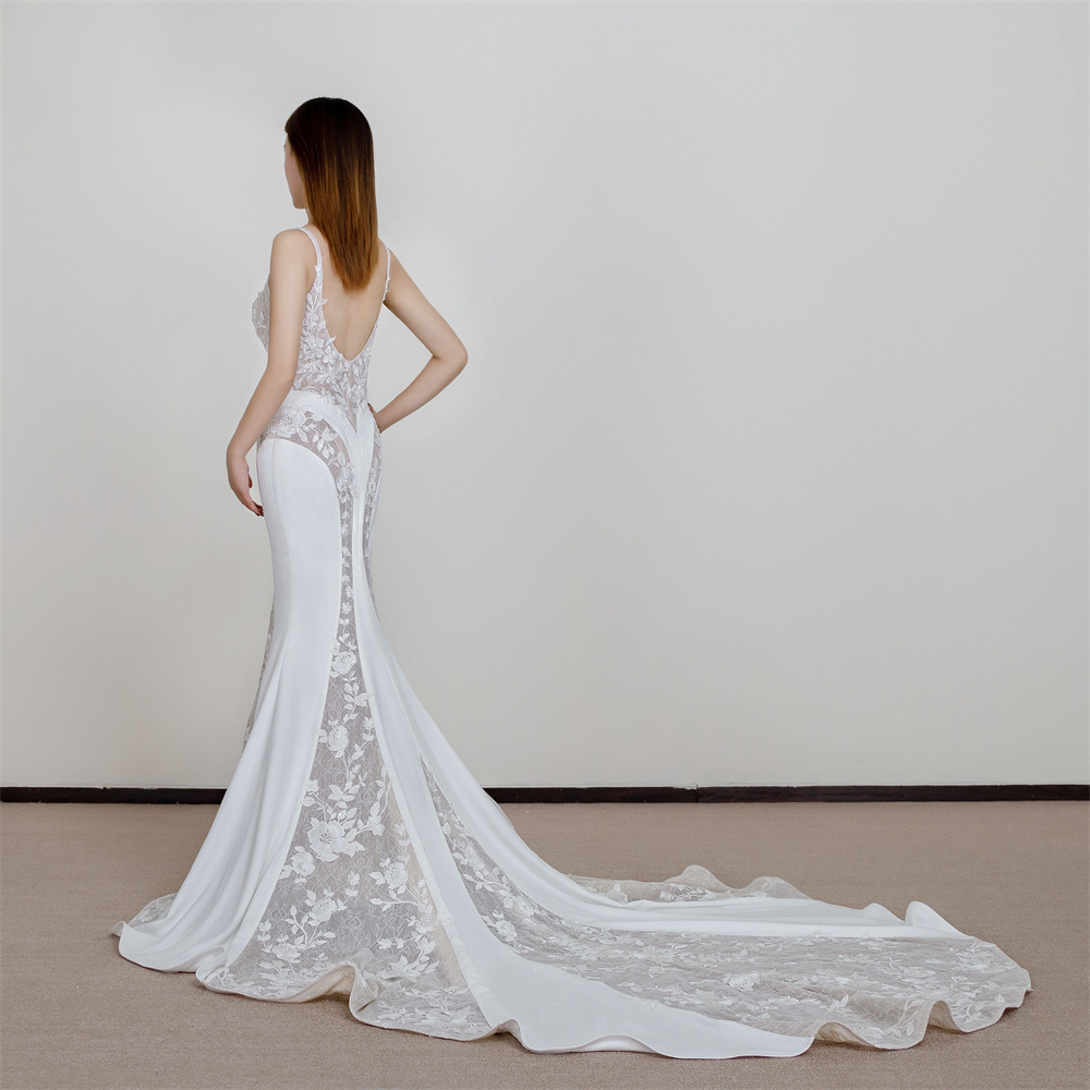 Vestido De Noiva Sereia Crepe Fabric Mermaid Wedding Gown White V Neck Bridal Gown