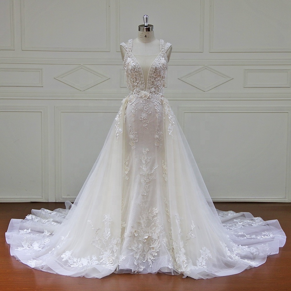 XF17011 Hot Sell Elegant Illusion V Neck Sleeveless Mermaid  Dress With Detachable Train 3D beaded Lace Wedding Gown