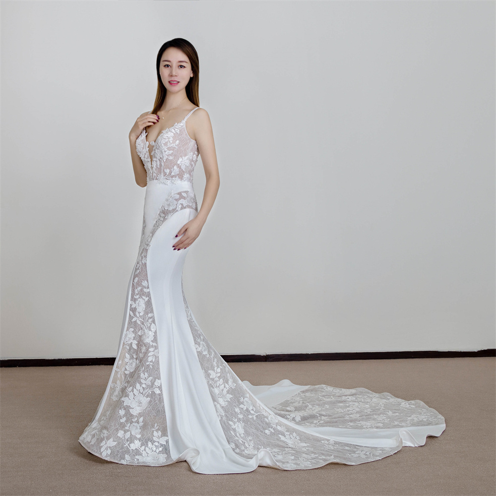 Vestido De Noiva Sereia Crepe Fabric Mermaid Wedding Gown White V Neck Bridal Gown