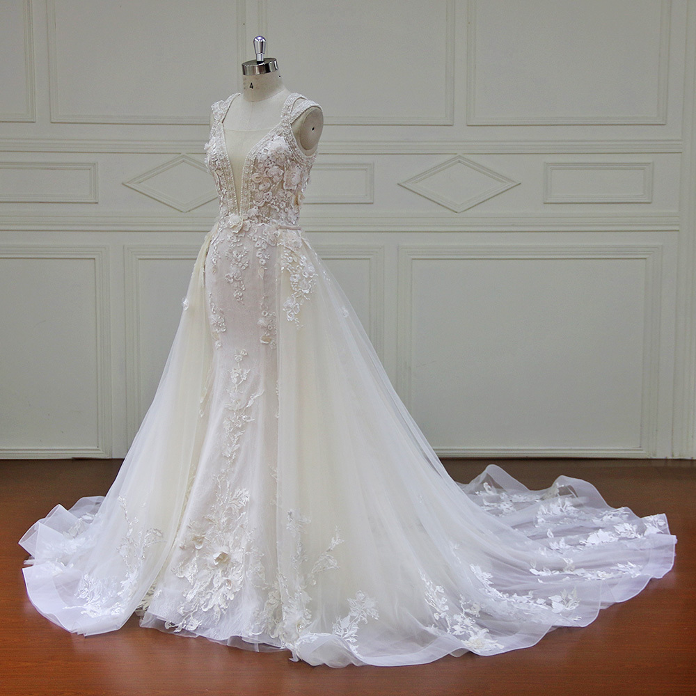 XF17011 Hot Sell Elegant Illusion V Neck Sleeveless Mermaid  Dress With Detachable Train 3D beaded Lace Wedding Gown