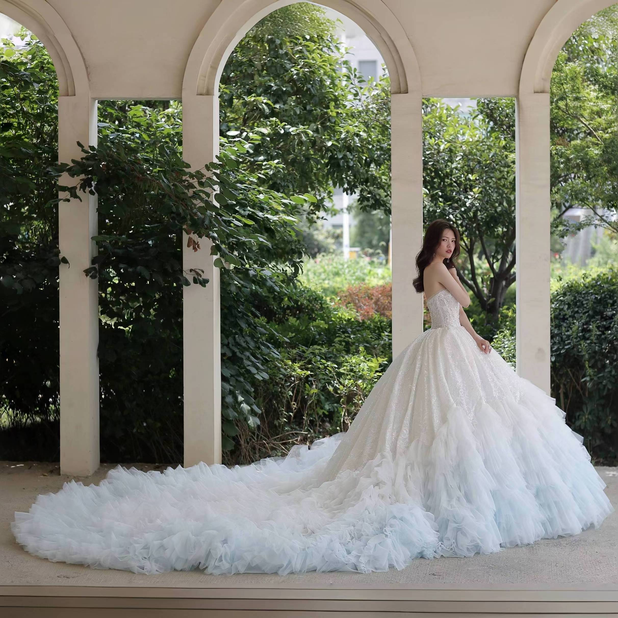 High Quality Sky Blue Shades Ball gown Princess wedding dresses  Glittery Lace sweetheart neckline MK314 tiered skirt