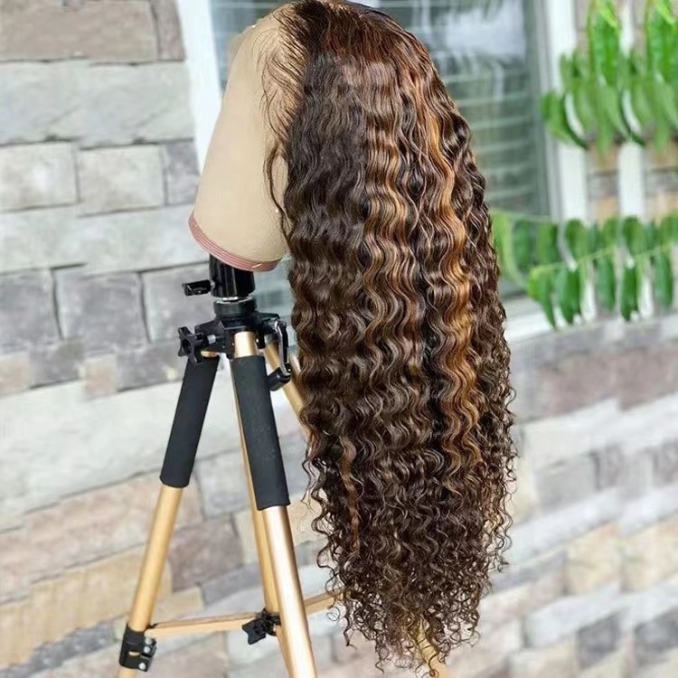 13x4 Human Hd Lace Front Virgin Hair brown Highlight deepwave Wigs With Hd Piano Color 30 inch Human Wig For Black Women