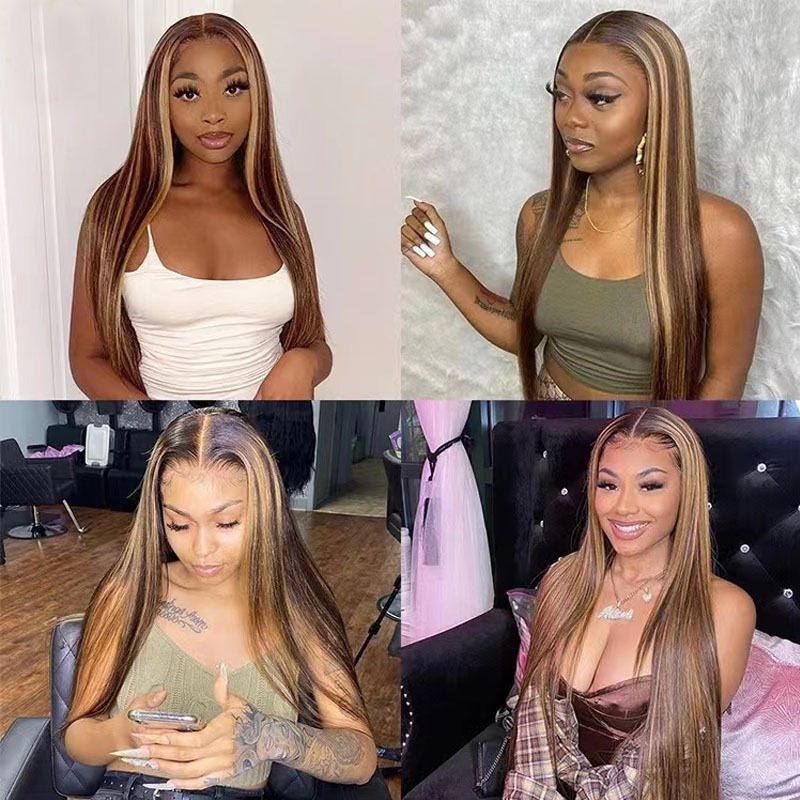 13x4 Human Hd Lace Front Virgin Hair brown Highlight deepwave Wigs With Hd Piano Color 30 inch Human Wig For Black Women