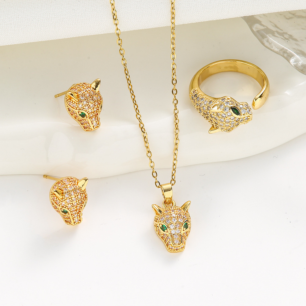 3pcs/Set Designer Jewelry Sets Green Eyes Zircon Leopard Gold Plated Copper Earrings Adjustable Ring Full Diamond Necklace