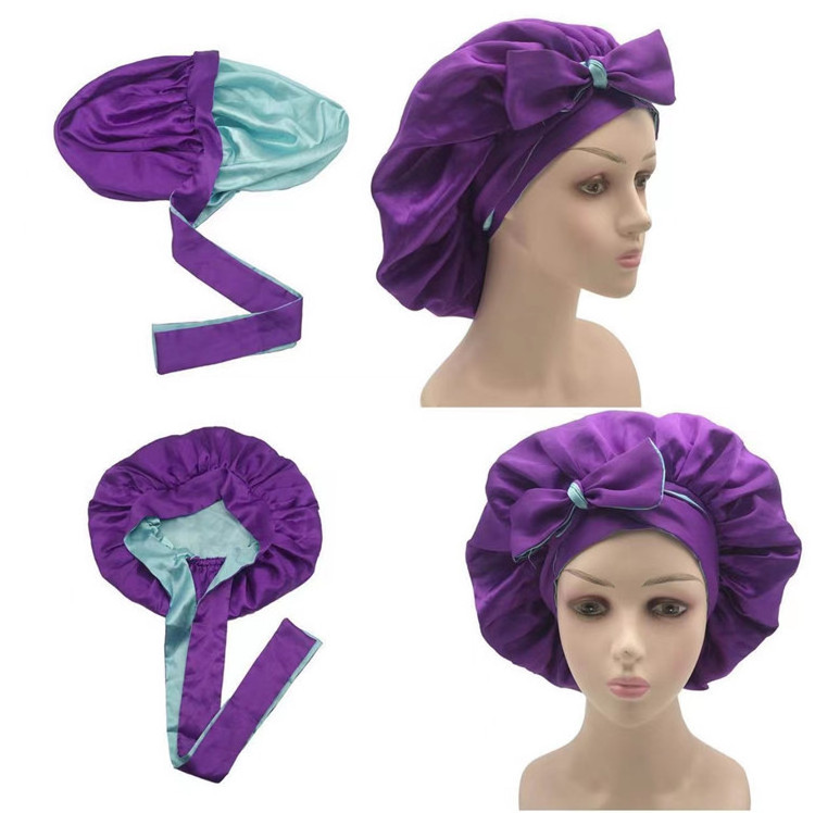 Best Selling Reversible Silk hair Bonnets with logo and satin hair wrap edge designer braid long bonnets mommy and me bonnet