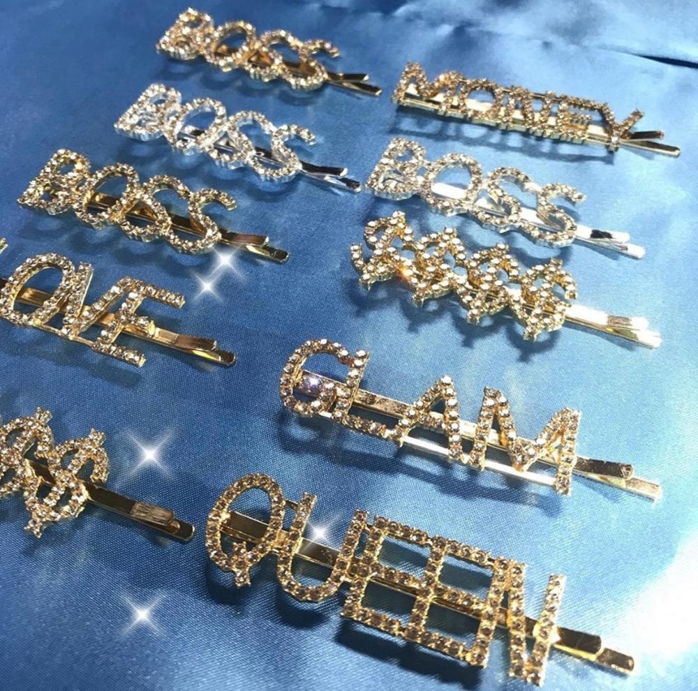 CUSTOM name hair clips gold black word hair pin alphabet crystal rhinestone letter Bobby pin