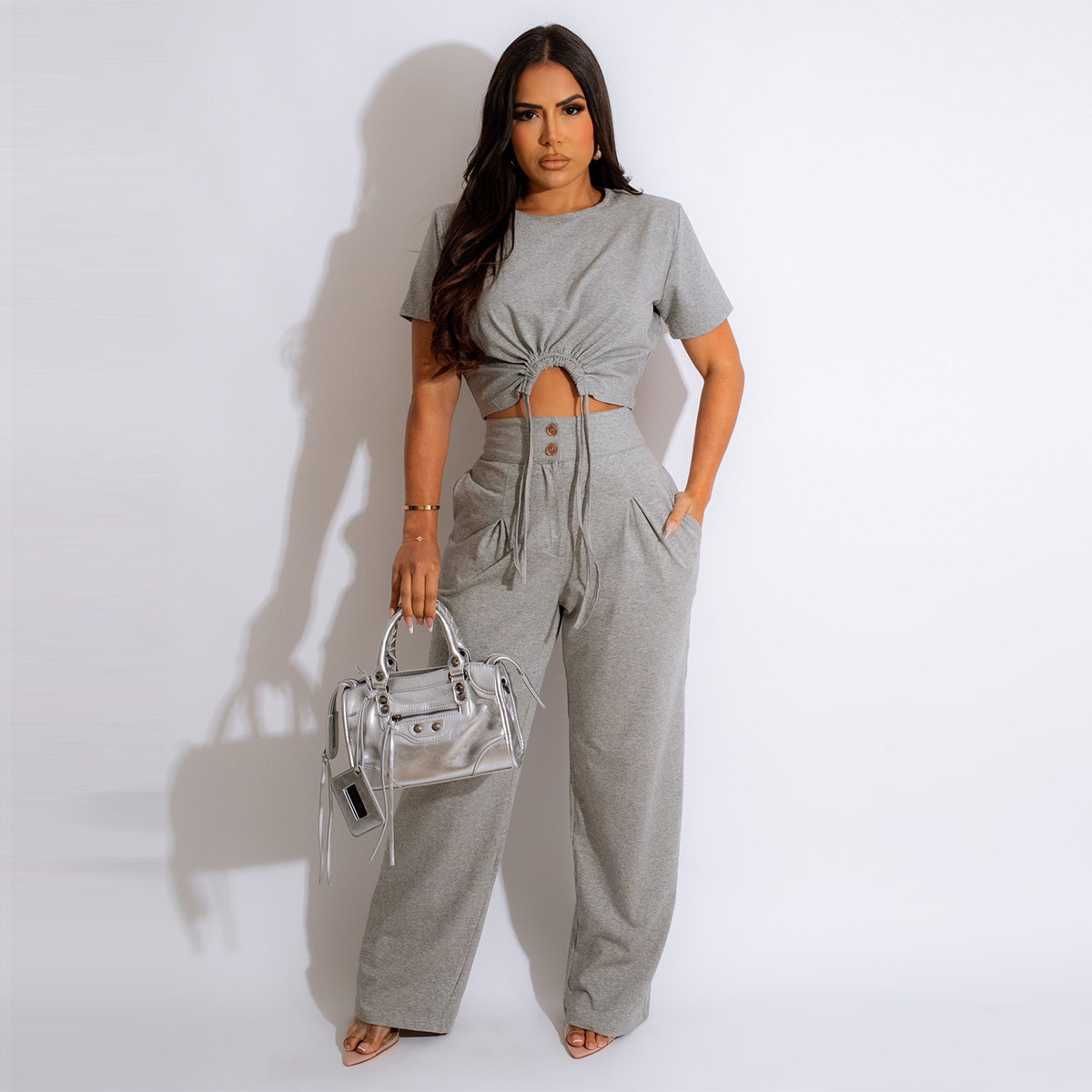 Fuyu Latest Design Adult Solid Color Short Sleeve Shirt & Wide Leg Pants Clothing Sets Women Clothes New Women Outfits 2023