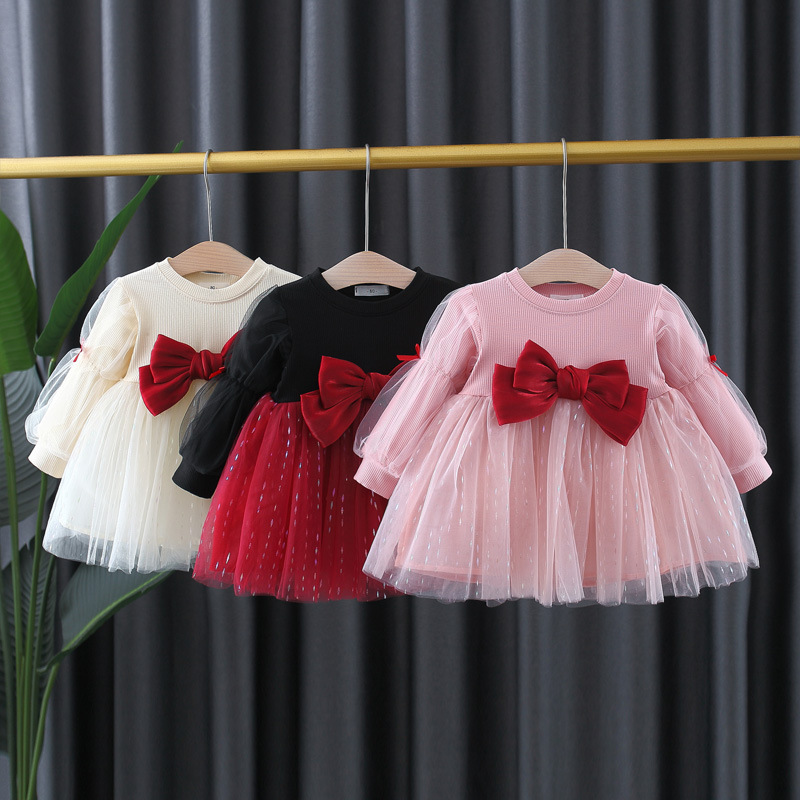 FuYu Hot Selling Girl Winter Dress for Toddler Tutu Dresses Long Sleeve/Short Sleeve with sparkle Tulle Bow Wedding Gown