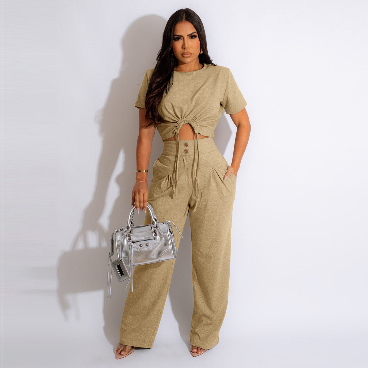 Fuyu Latest Design Adult Solid Color Short Sleeve Shirt & Wide Leg Pants Clothing Sets Women Clothes New Women Outfits 2023