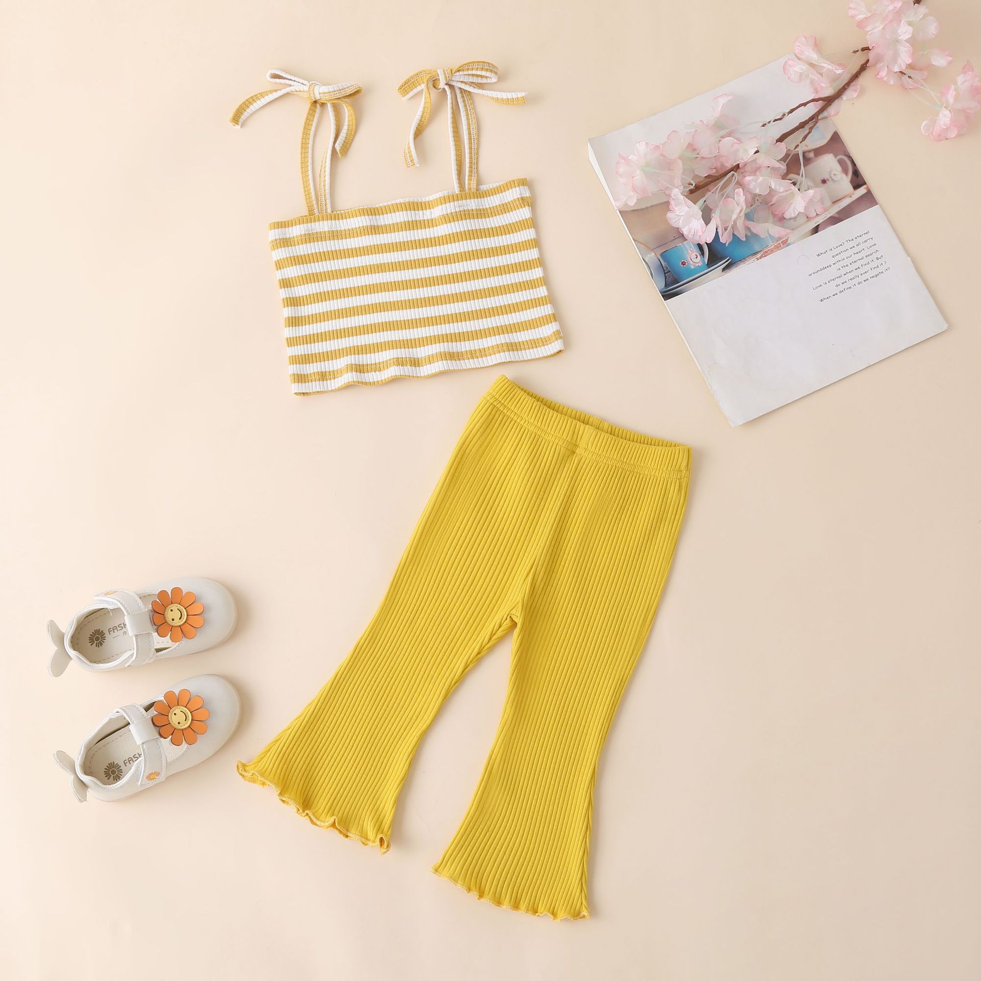 In Stock Solid Striped Ribbed  top & bell bottoms  new born 0-3 month baby girl cloth clothes Summer sets