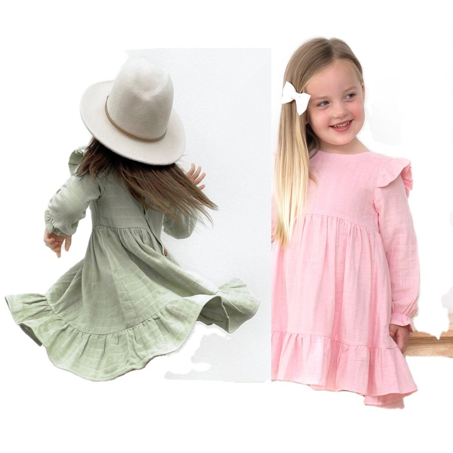 Wholesale Soft Cotton Smocked Cute Little Girl Muslin Ruffle Dress Primrose Pink Sage Kids Dress up storage australia