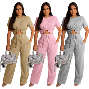 Fuyu Latest Design Adult Solid Color Short Sleeve Shirt & Wide Leg Pants Clothing Sets Women Clothes New Women Outfits 2023